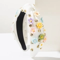 Elegant white knotted headband with candy-colored resin flowers and sparkling rhinestones - White