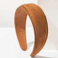 Close-up of brown faux suede padded headband with premium stitching detail - Brown