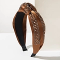 Detail of a brown satin knotted headband with multi-row square grey rhinestones - Brown