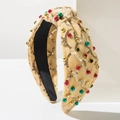 Diadema ancha de terciopelo anudada con lentejuelas, perlas y pedrería multicolor - Dorado