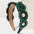 Luxury Baroque green velvet headband with emerald crystals and faux pearls for women - Green