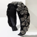 Elegant black velvet braided headband with sparkling rhinestone flower decorations - Gray