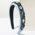 Baroque style padded headband in light blue satin with sparkling dark blue crystals - Blue