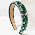 Vintage Baroque wide headband with dark green velvet, emerald crystals and pearls - Green