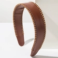 Vintage brown leather headband with beige stitched edge detailing in a caramel finish - Brown