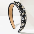 Baroque style wide headband with black velvet, crystals and pearls for parties - Black