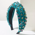 Velvet knotted headband with peacock blue fabric and colorful iridescent rhinestones - Cyan