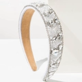 Baroque style wide headband with sparkling crystals and white pearls on a white fabric base - White