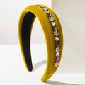Detailed macro view of mustard yellow velvet headband with gold floral rhinestones - Army Green