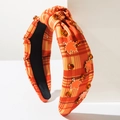 Detail of autumn knot headband with orange plaid texture, maple leaves and amber rhinestones - Maple Leaf