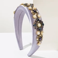 Detail of light purple satin headband with crystals and pearls in floral pattern - Purple