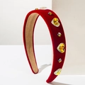 Baroque red velvet wide headband with heart crystal and colorful rhinestones - Red