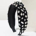 Elegant black velvet knotted headband with sparkling rhinestones and wide band design - Black and White