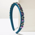 Detail of teal satin headband with butterfly rhinestones and blue square gems - Blue