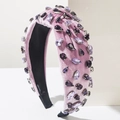 Pink corduroy knotted headband with purple rhinestones in baroque vintage style - Purple
