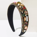Vintage Baroque wide headband with colorful crystals and irregular gems on black velvet - Multicolor Decoration (Round Color)
