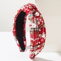Detail of red plaid Christmas headband with white snowflakes, pearls and crystals - Red White
