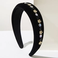 Baroque style black velvet headband with gold floral rhinestones and colorful crystals - Black