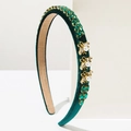 Baroque dark green velvet headband with rhinestones and gold bee pearl accents - Green