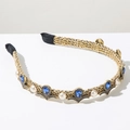 Retro gold woven headband featuring blue teardrop gemstones and white pearls - Blue Rhinestone / Blue