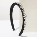 Detail of baroque black velvet headband with shimmering crystals and faux pearls decoration - Black