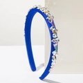 Detail of luxury navy blue satin headband with iridescent rhinestones and pearls - Blue