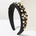 Diadema acolchada de satén negro con perlas vintage y adornos florale de cristal - Negro