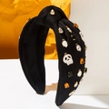 Halloween Knoten-Haarreif mit Strass-Geistern und Totenköpfen auf schwarzem Stoff - Schwarz