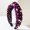 Diadema de terciopelo morado oscuro con perlas elegantes y pedrería brillante para mujer - Morado
