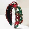 Cerchietto natalizio largo in tessuto scozzese rosso e verde con perle e neve - Rosso e Verde