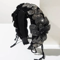 Detailed view of velvet headband with crystal flowers and hanging black bead tassels - Black