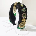 Vintage style wide headband with black fabric, green gems, and hanging pearl chains - Green