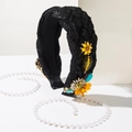 Ethnic style black woven headband with colorful gems and elegant long pearl tassels - Yellow