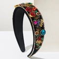 Baroque black velvet wide headband with colorful rhinestones and floral metal details - Colorful