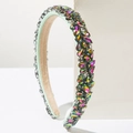 Diadema barroca de lujo en tela verde con pedrería de colores para fiestas de gala - Colorido