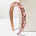 Detail of pink baroque headband with pear-shaped rhinestones and smooth satin fabric - Pink