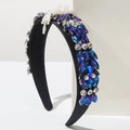 Baroque wide headband with blue crystals, white pearls and rhinestones on black base - Blue