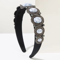 Detail of Baroque headband with large white marble stones and grey rhinestones on black satin - Gray