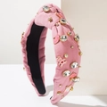 Detalle de diadema de mezclilla rosa con oso de cristal y colgantes de esmalte - Rosa oscuro