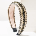 Detail of woven mixed-color headband with black rhinestones and gold metal claw settings - Black