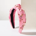 Cerchietto rosa a nodo con strass luccicanti, perle e toppa a forma di fragola - Fragola Rosa