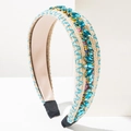 Western style braided headband with mixed color yarn and inlaid blue rhinestones - Blue