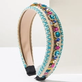 Bohemian hand-woven headband with colorful rhinestones and turquoise embroidery detail - Blue