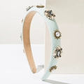 Diadema vintage de tela verde menta con perlas elegantes y brillantes pedrería - Verde