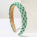 Detail of green pearl headband showing white faux pearl geometric patterns and suede lining - Grid Green