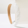 Detailed side view of white wide padded headband with elegant pearl lattice embroidery - Grid White