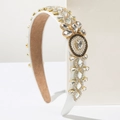 Elegante diadema acolchada blanca con brillantes cristales y detalles de cuentas doradas - Blanco