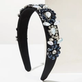 Diadema ancha barroca con flores de cristal azul marino y perlas sobre terciopelo negro - Azul Blanco