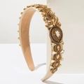 Diadema de lujo en satén beige con cristales ámbar y gemas brillantes estilo barroco - Marrón