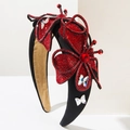 Barocker breiter Satin-Haarreif in Schwarz mit roten Strass-Schmetterlingen - Rot